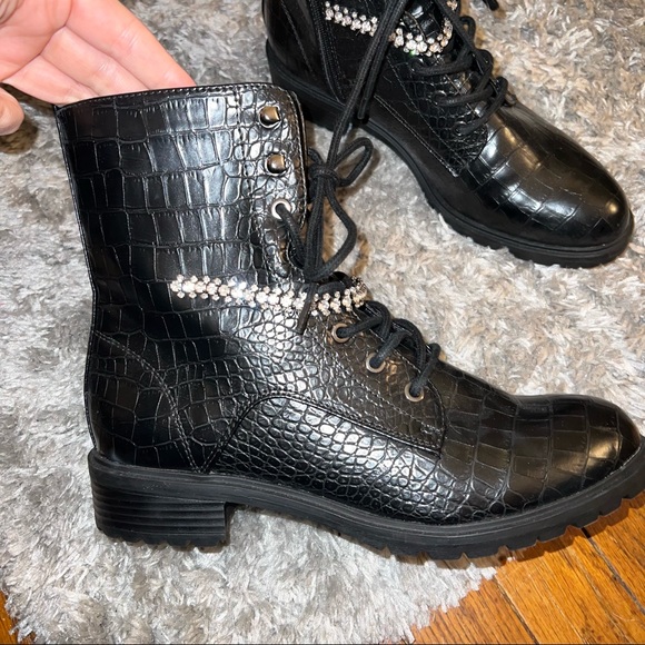 Express Shoes | Express Croc Embossed Combat Boots with Rhinestone Detail | Color: Black/Silver | Size: 10 | Missoctober03's Closet